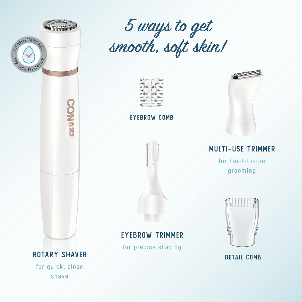 Conair rotary shaver head closeup highlighting hypoallergenic foil for gentleness