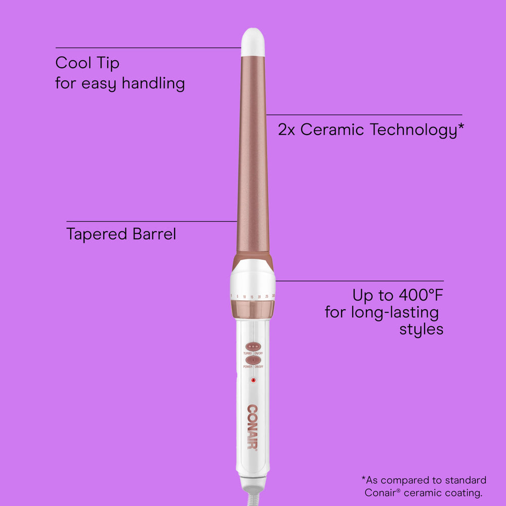 Conair close-up of tapered ceramic barrel for even heat and smooth glide