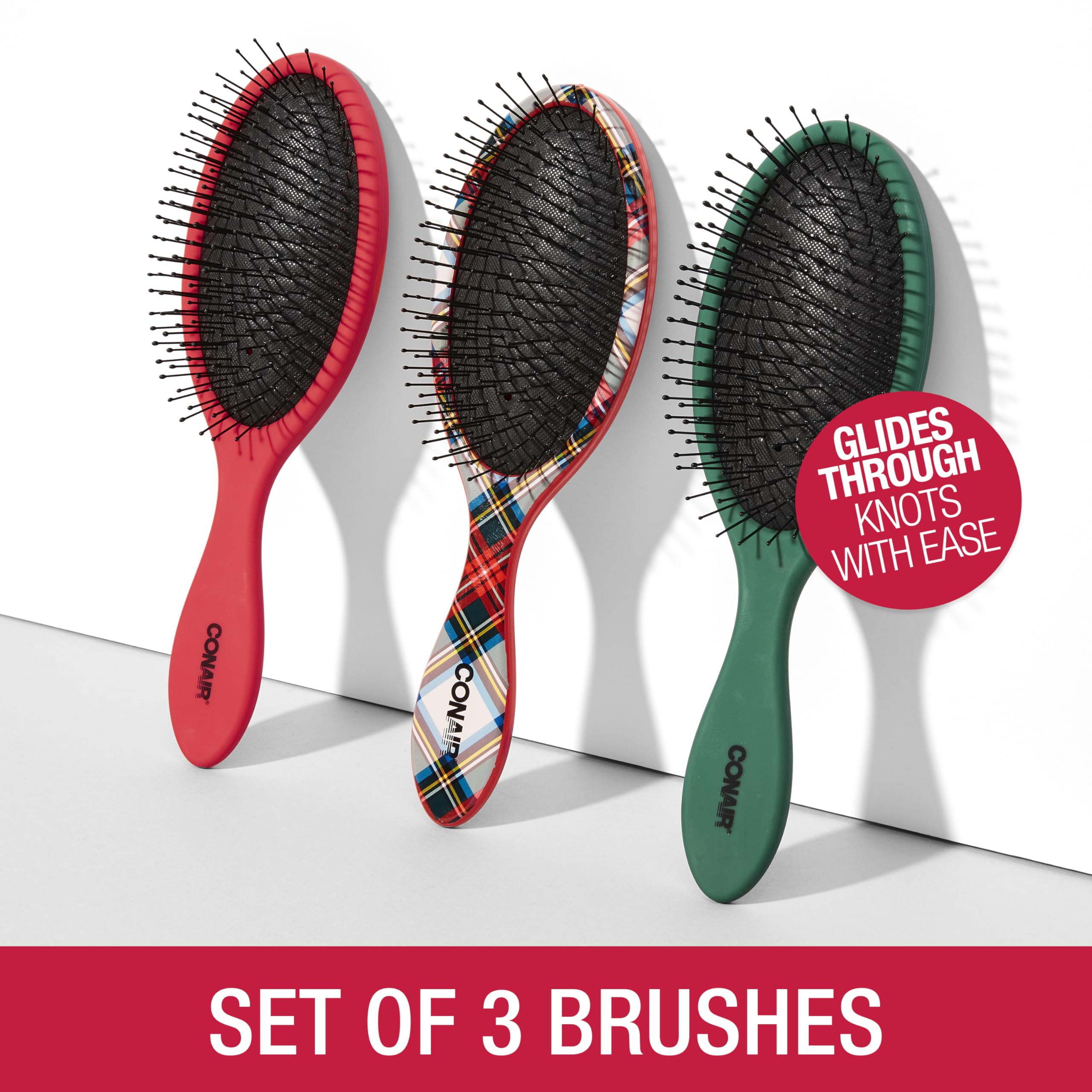 Conair tartan bristle close-up shows flexible bristles that reduce pulling and snagging