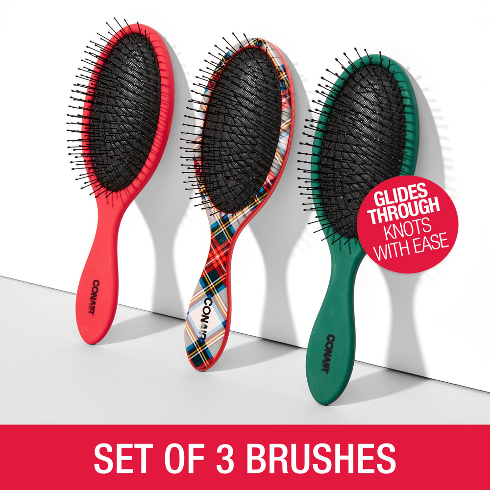 Conair tartan bristle close-up shows flexible bristles that reduce pulling and snagging