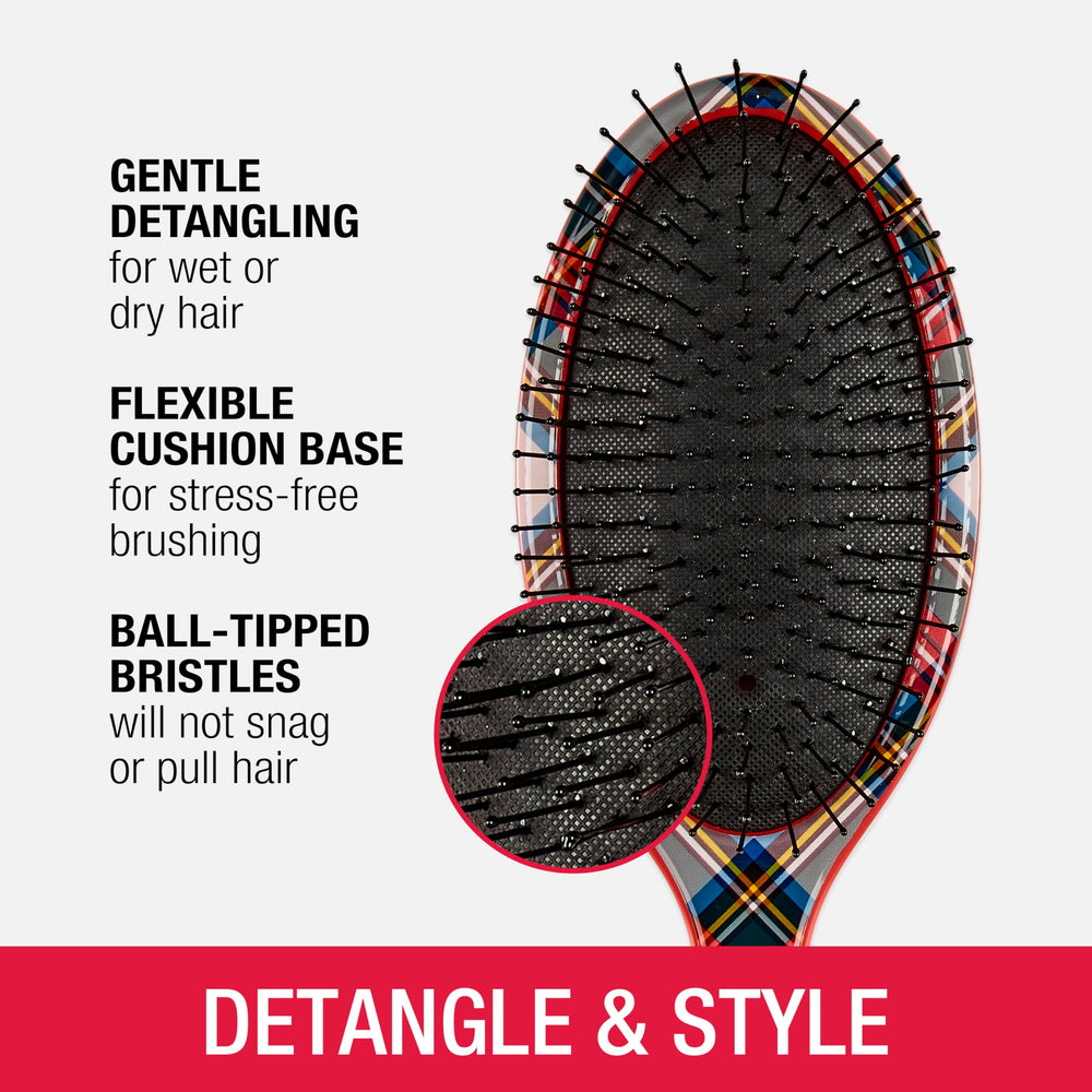Conair tartan cushion detail displays soft pad that protects scalp and eases detangling