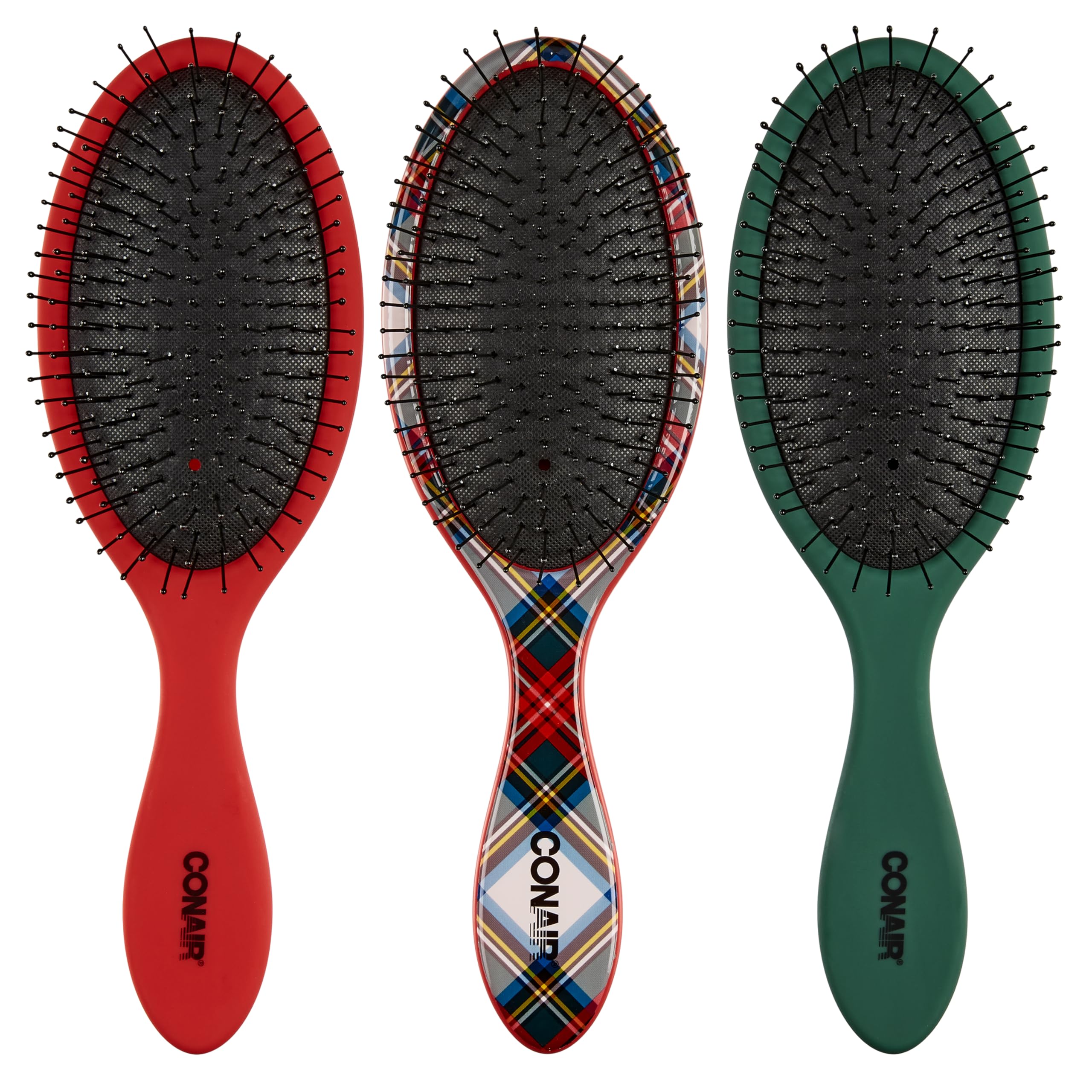 Conair tartan front packaging showing three brushes and colorful design benefit portability