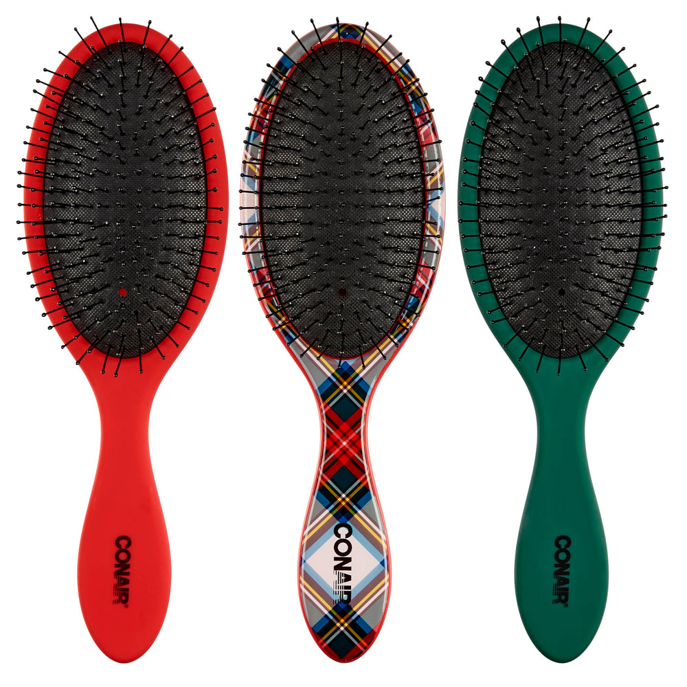 Conair tartan front packaging showing three brushes and colorful design benefit portability