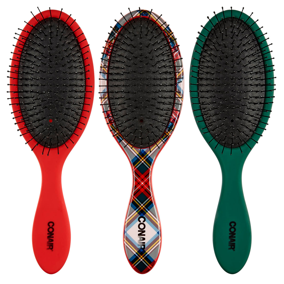Conair tartan front packaging showing three brushes and colorful design benefit portability
