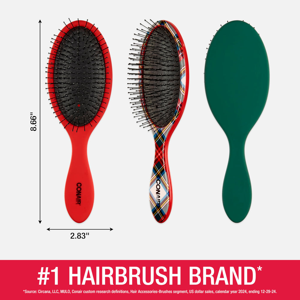 Conair tartan lifestyle bag image with a brush peeking out for on-the-go styling ease