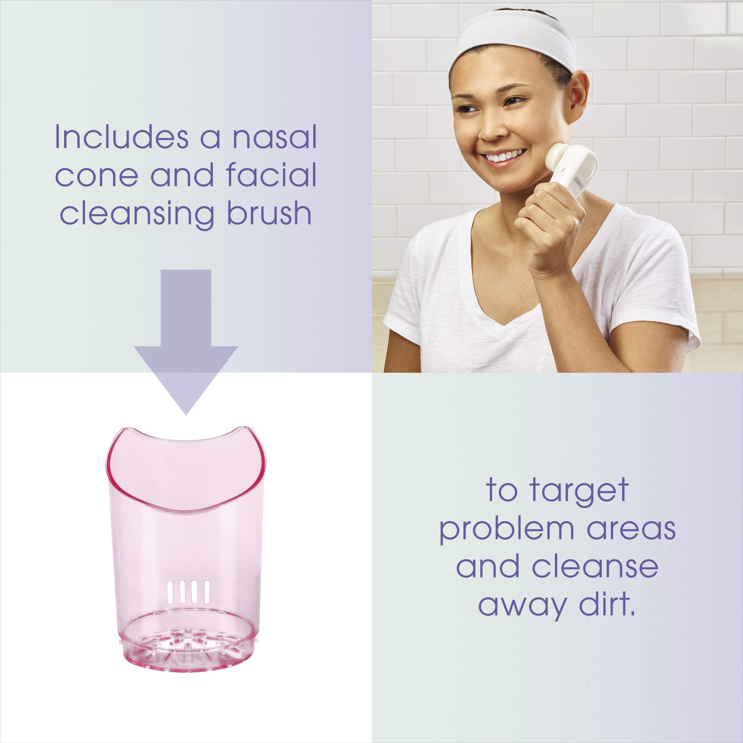 Conair True Glow producing gentle mist on face, promotes softer skin surface