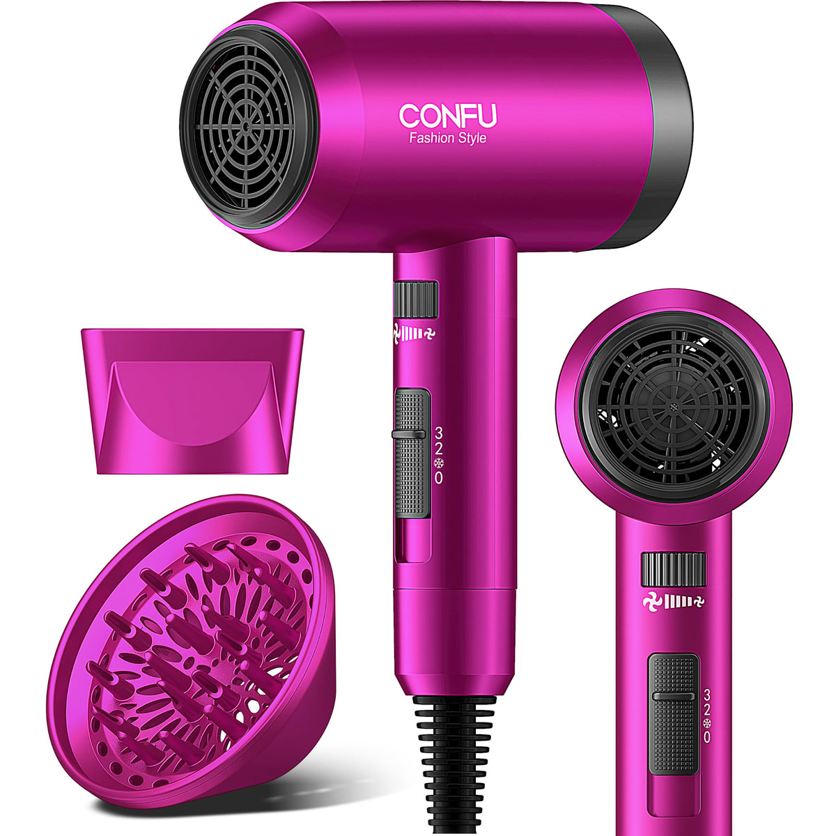 CONFU hair dryer front view showing compact design and controls for faster drying