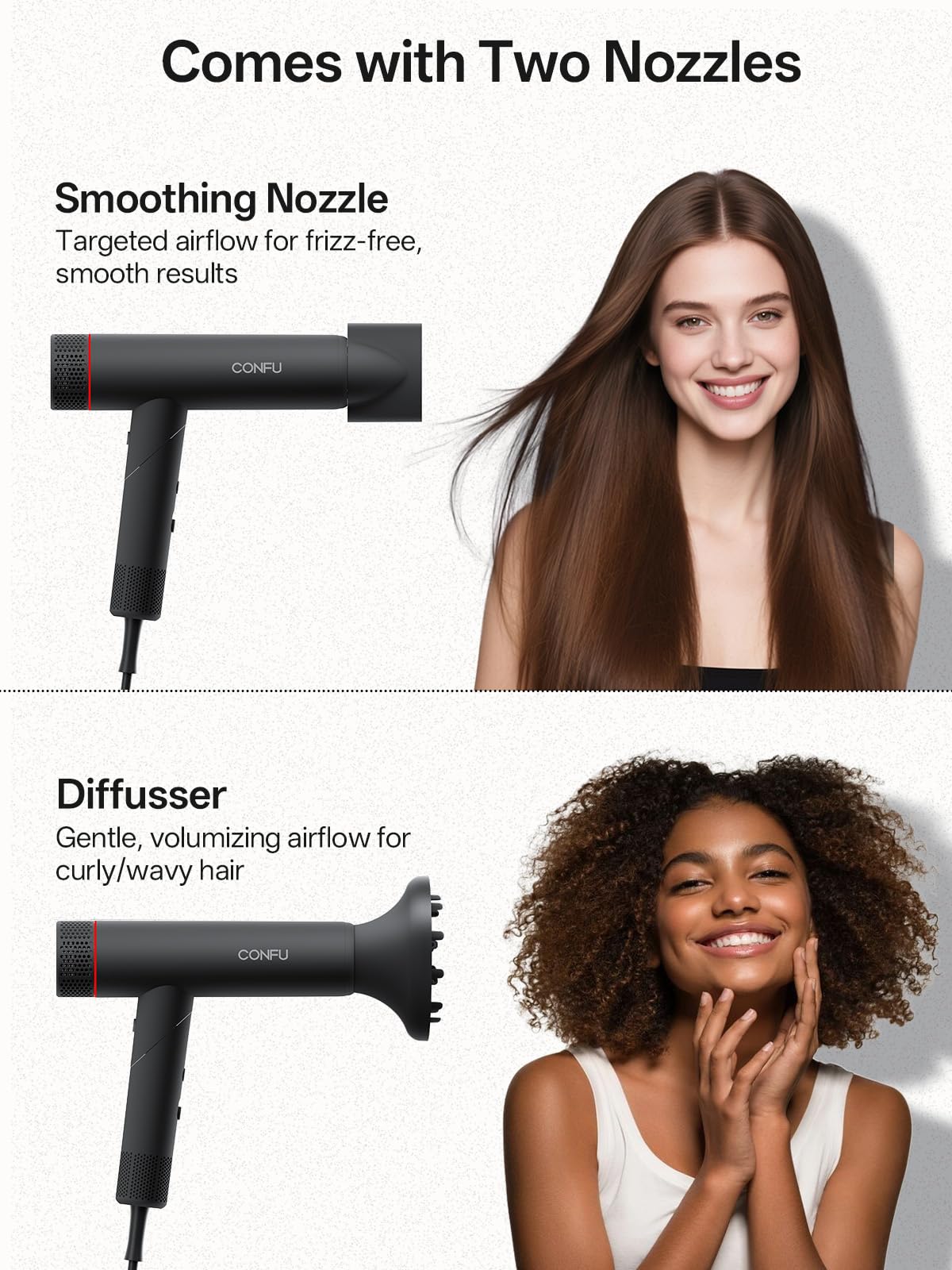 CONFU long cord length shown for flexible salon‑style movement