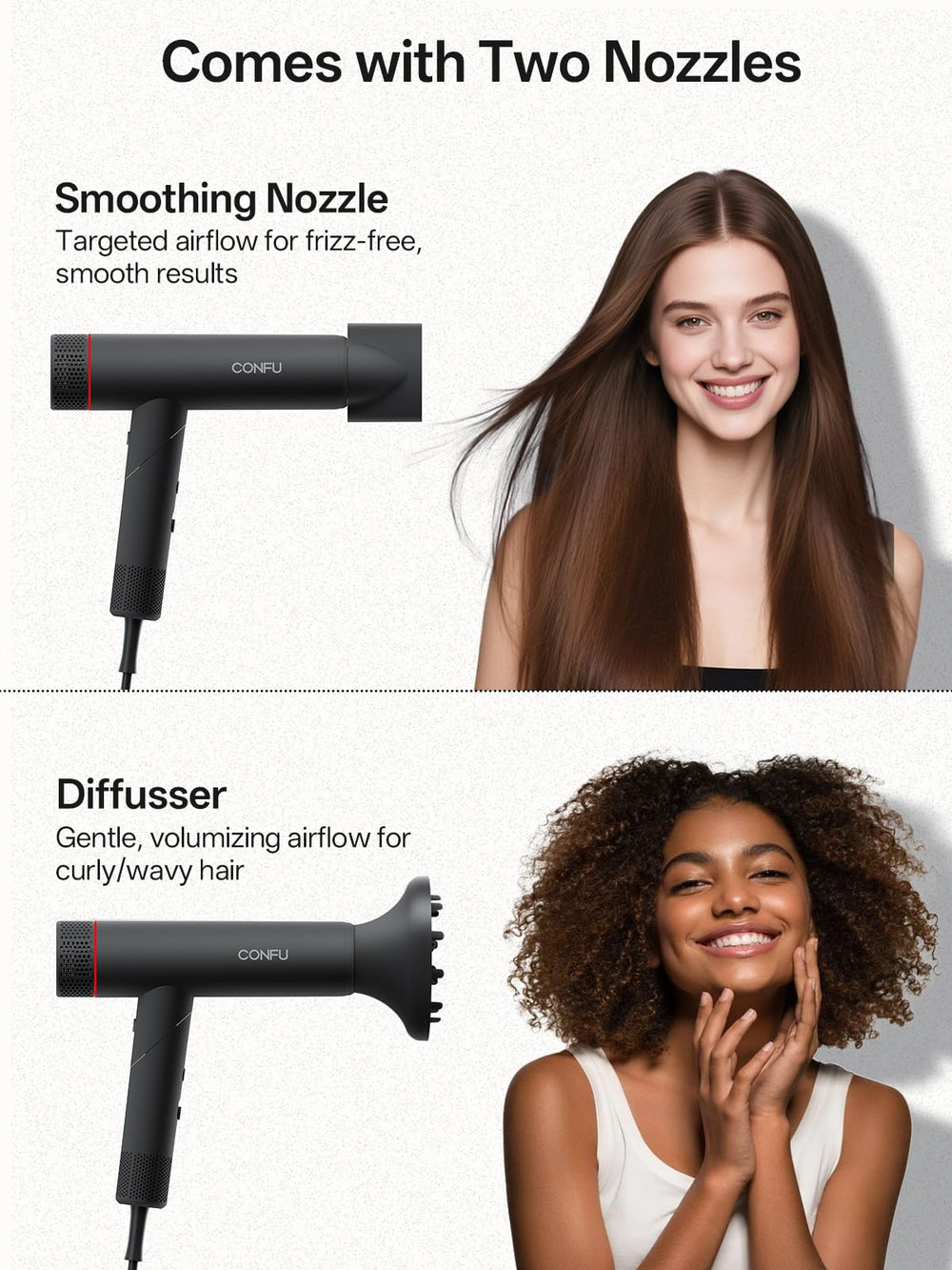 CONFU long cord length shown for flexible salon‑style movement