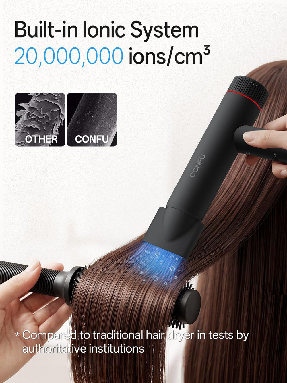 CONFU diffuser attachment displayed on nozzle preserving curl shape and volume