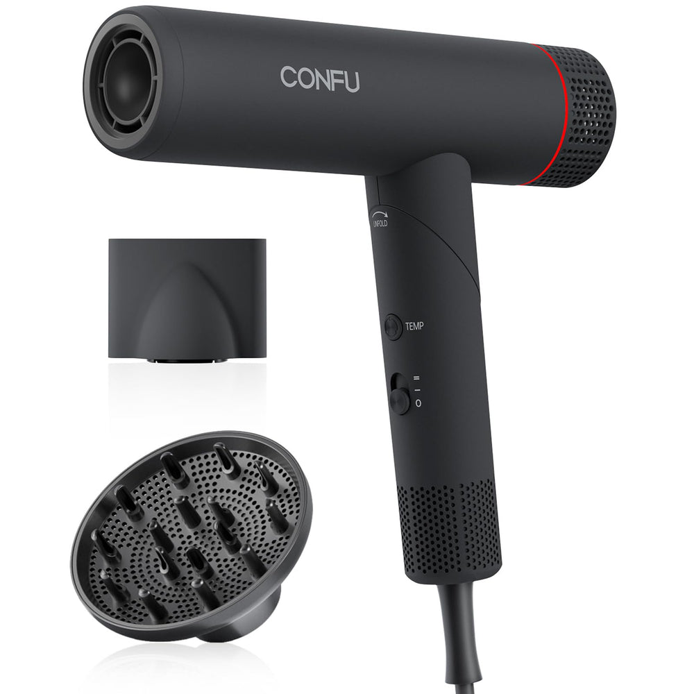 CONFU hair dryer front profile showing sleek design and fast drying benefit