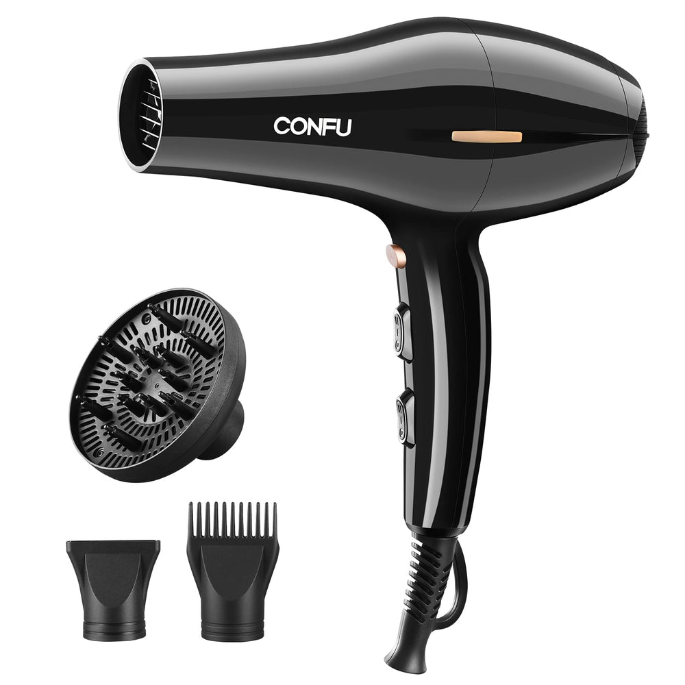 CONFU hair dryer front view showing sleek design and powerful airflow benefit