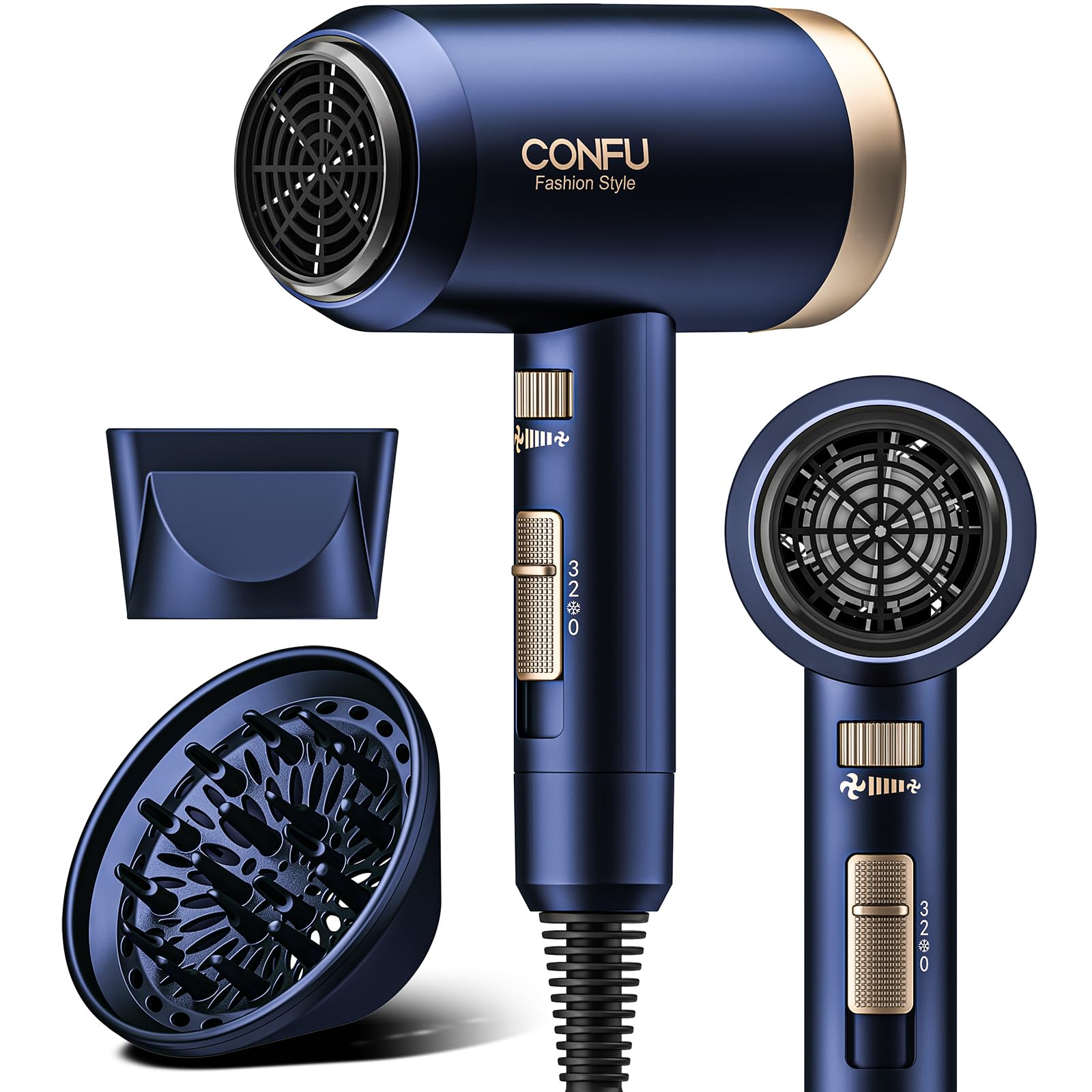 CONFU hair dryer front view showing airflow and fast drying benefit