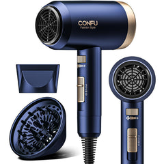 CONFU hair dryer front view showing airflow and fast drying benefit