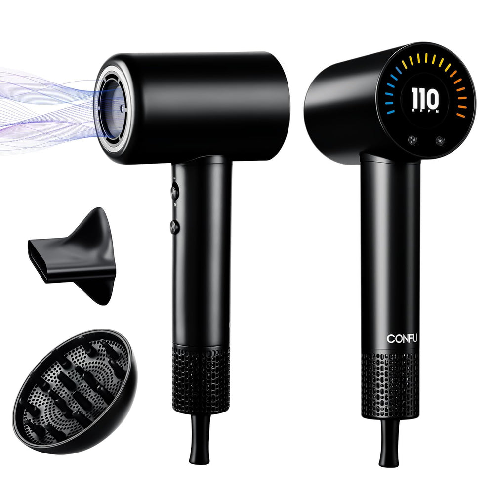 CONFU hair dryer front view showing compact design and sleek finish for portability