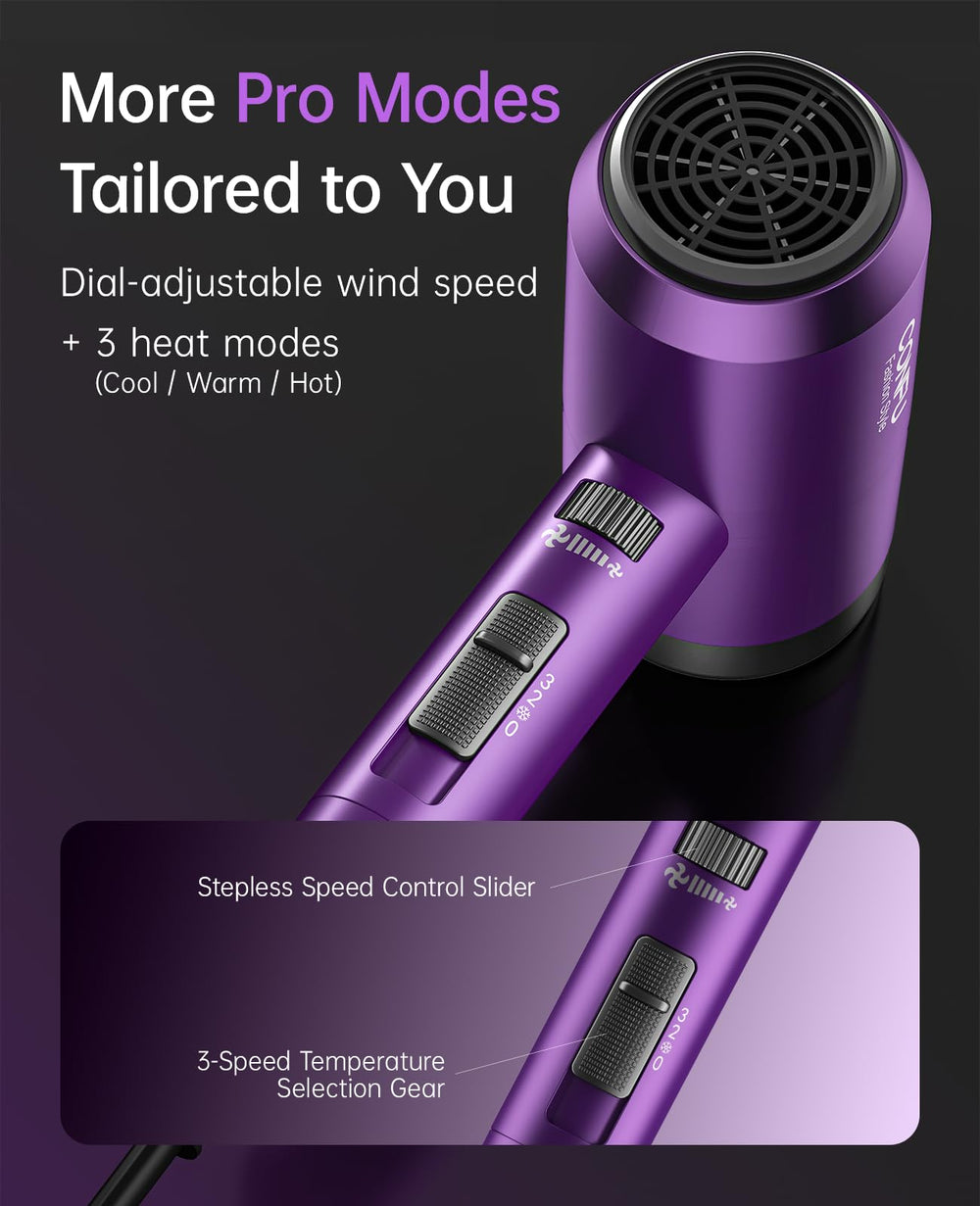 CONFU hair dryer held in hand showing lightweight compact size for travel