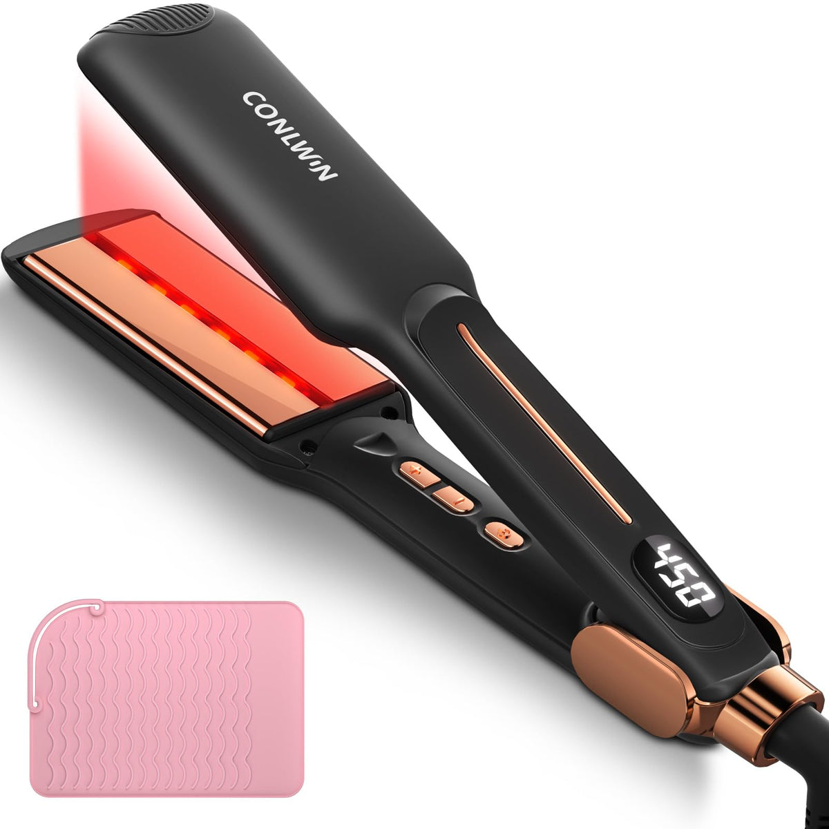 CONLWIN front view of titanium flat iron showing sleek design and controls