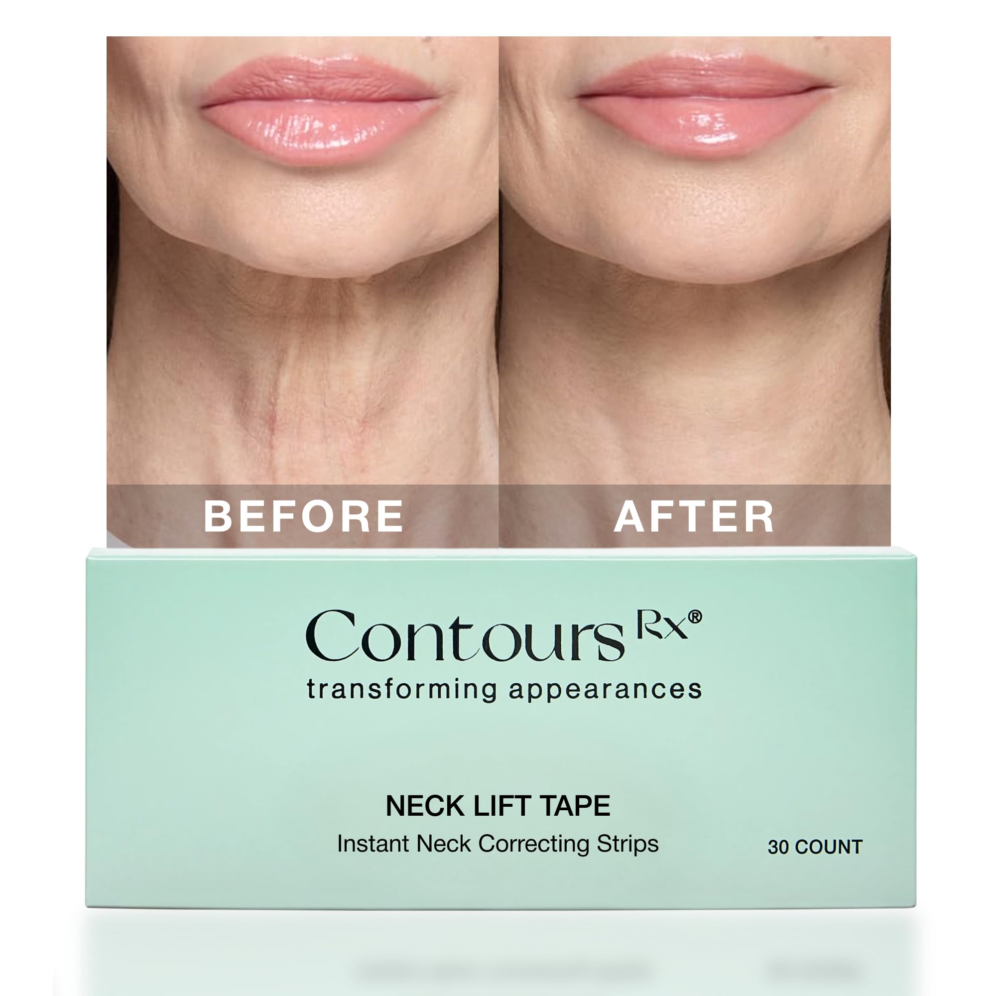 Contours Rx front packaging displaying 30 neck tightening strips for instant lift