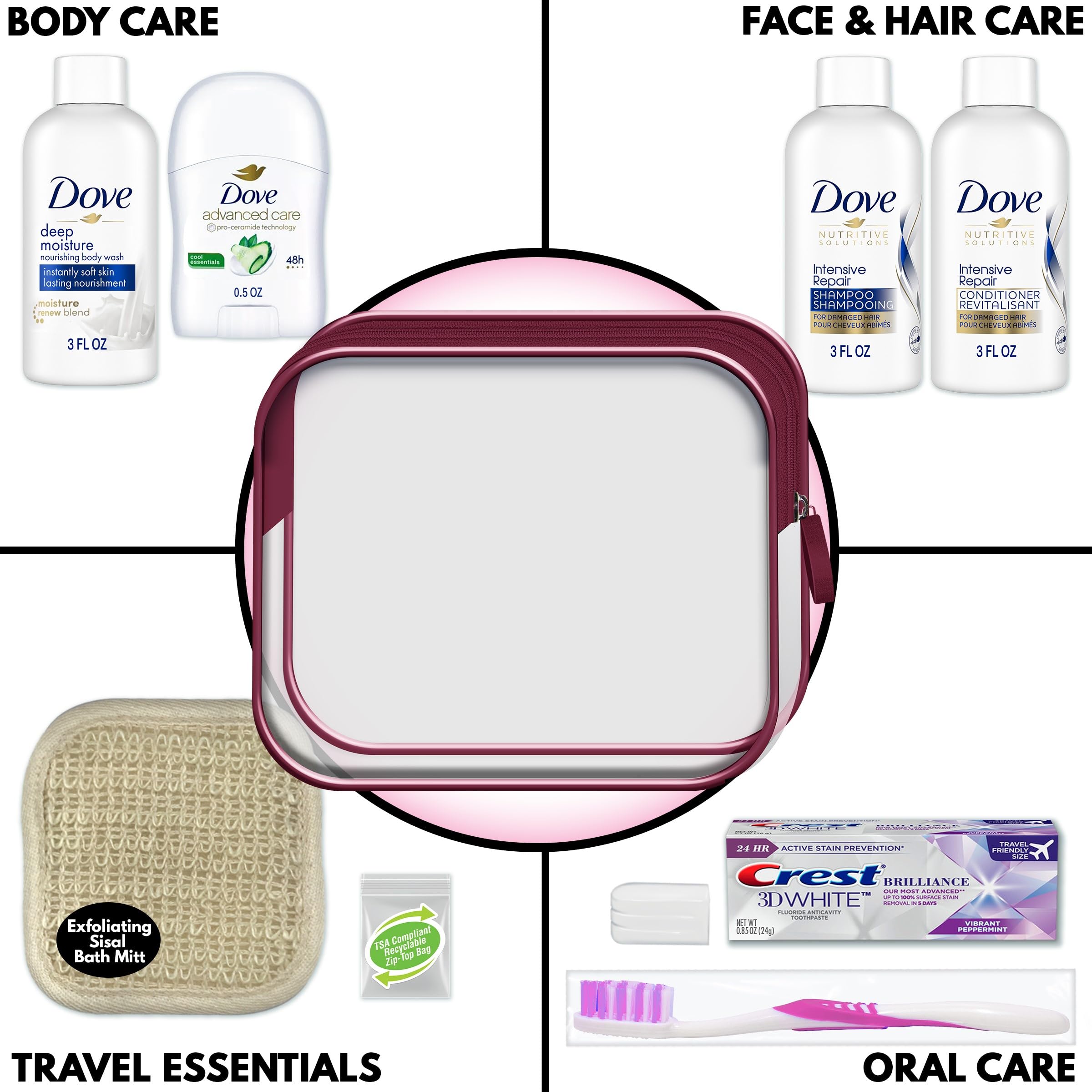 Close-up of Dove bottles in kit highlighting brand and travel-friendly sizing.