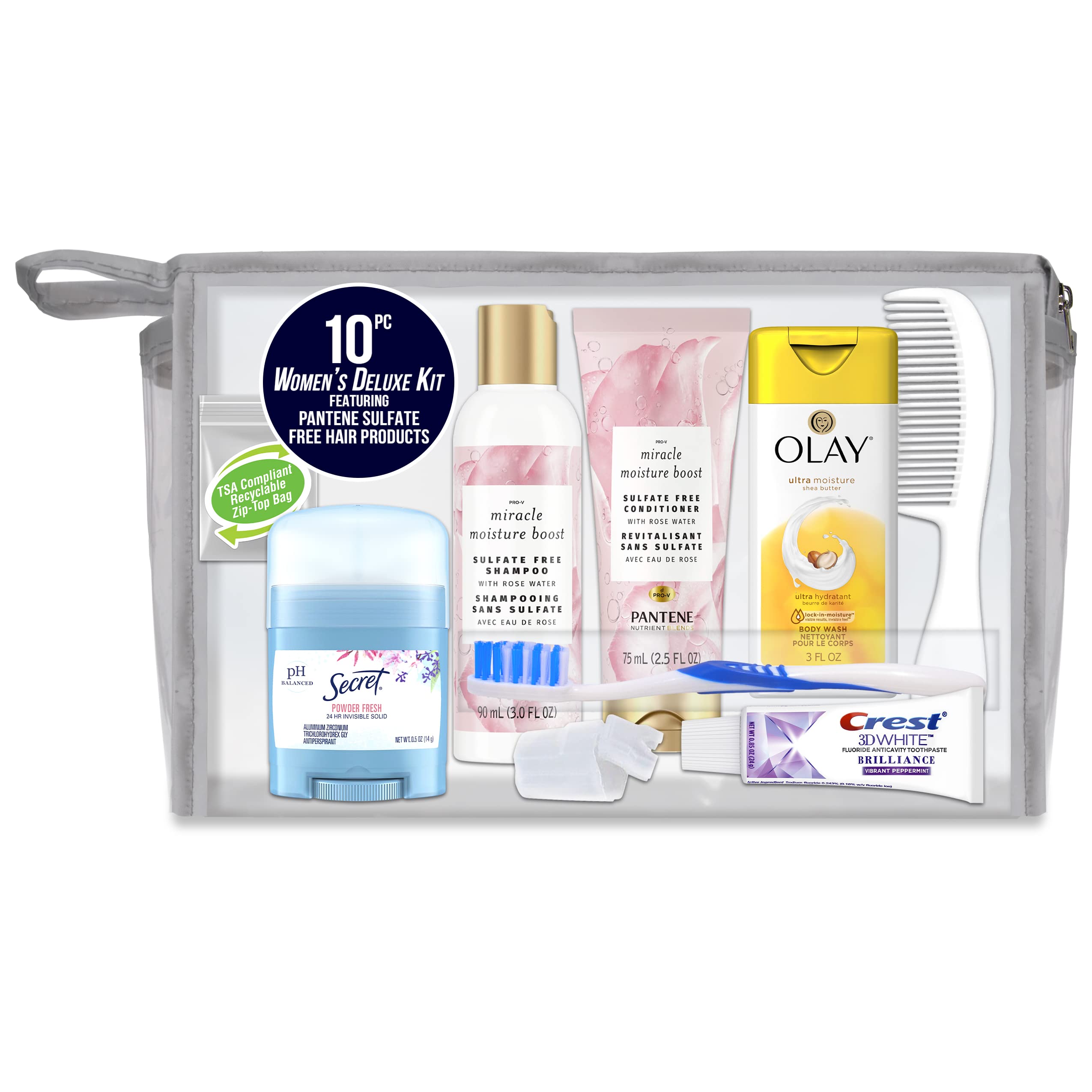 Convenience Kits International close-up of Pantene sulfate-free shampoo and conditioner offering gentle travel cleansing