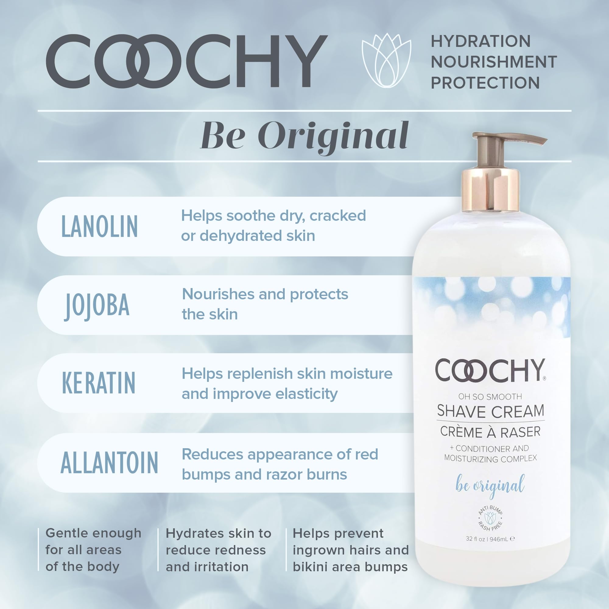 Coochy in use at bikini line demonstrating gentle shave benefit