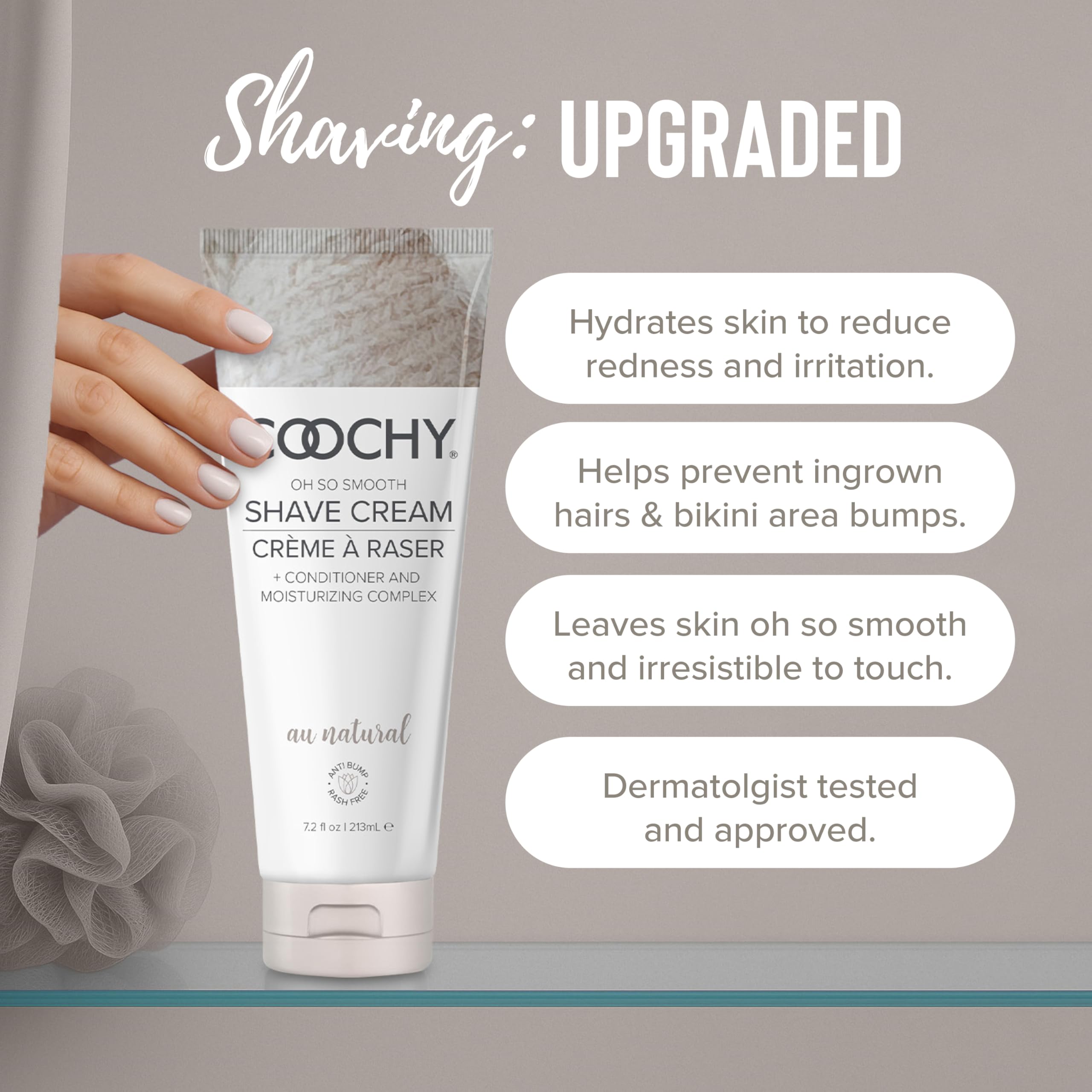 Coochy open cap revealing cream texture for easy razor glide