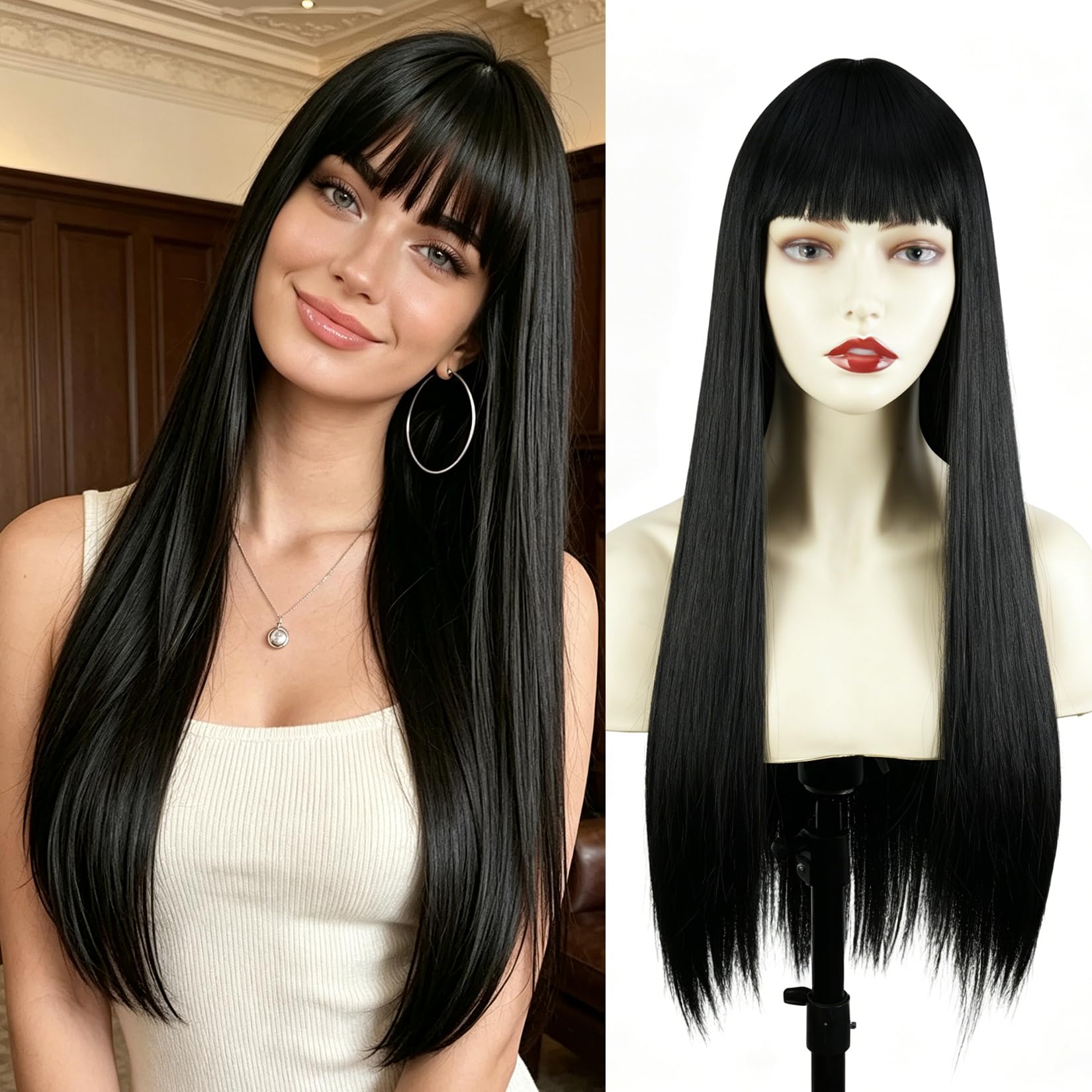 COOINEADER front view showing sleek black long straight style and realistic bangs benefit versatility