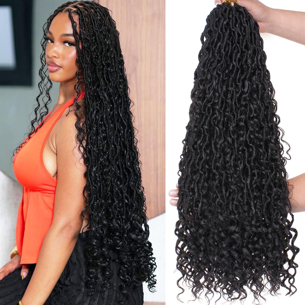 COOKOO front packaging showing 24 inch goddess locs and included hook for quick installs
