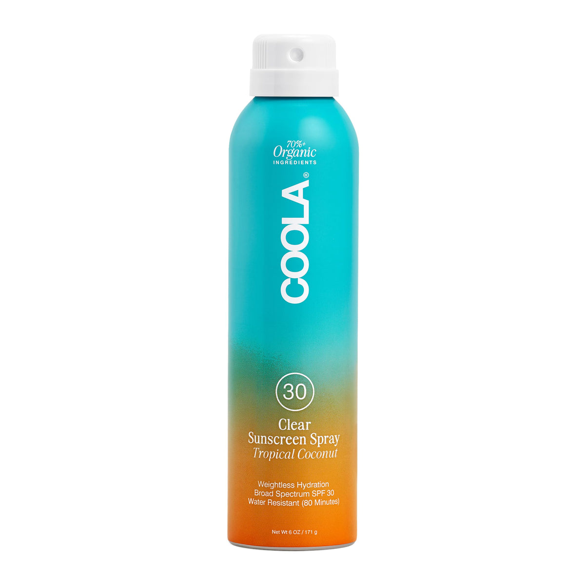 COOLA front bottle showing SPF 30 and tropical coconut scent benefit