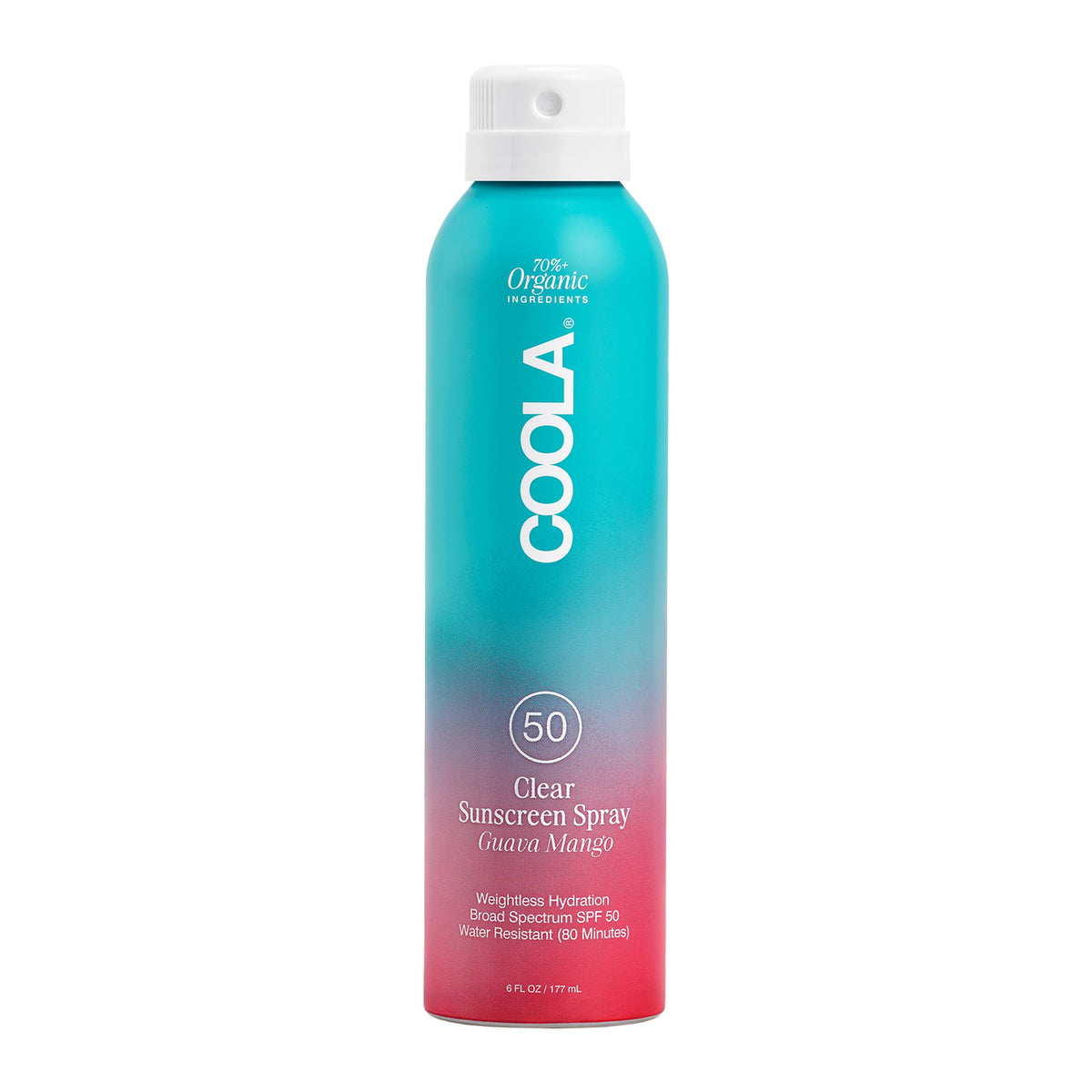 COOLA front packaging showing SPF 50 spray and guava mango scent for quick protection
