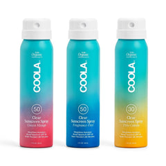 COOLA front packaging three travel-size sprays showing convenience