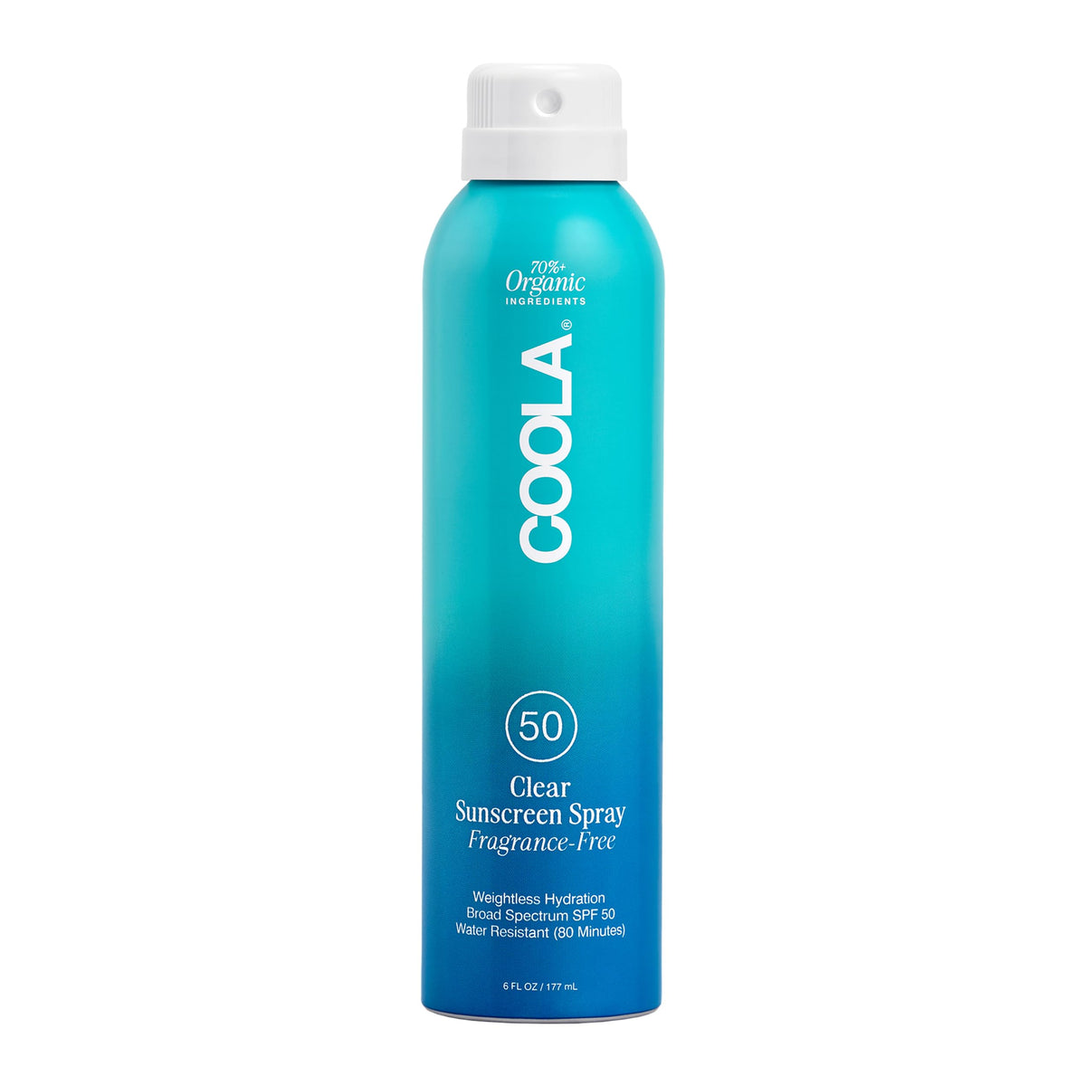 COOLA front packaging of clear SPF 50 spray showing bottle and label benefits