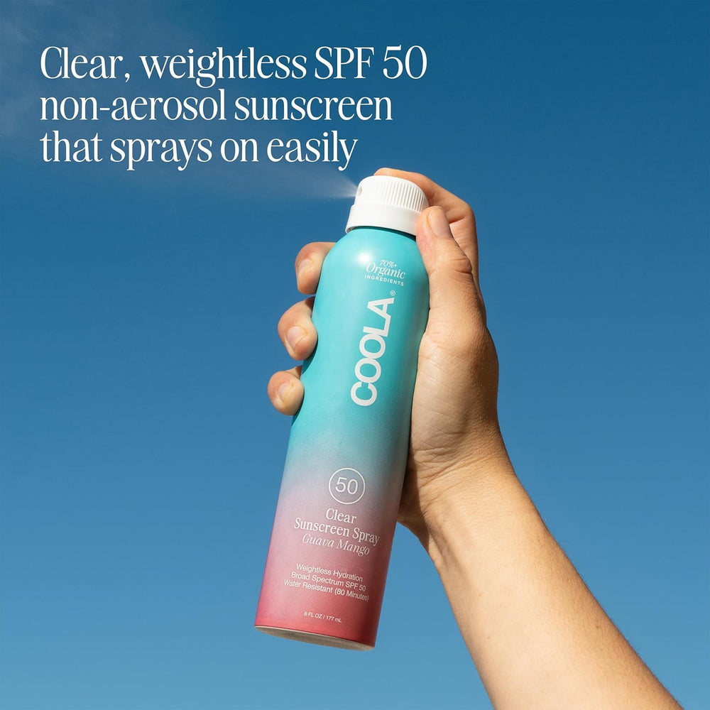 COOLA nozzle closeup demonstrating continuous spray for even full‑body coverage