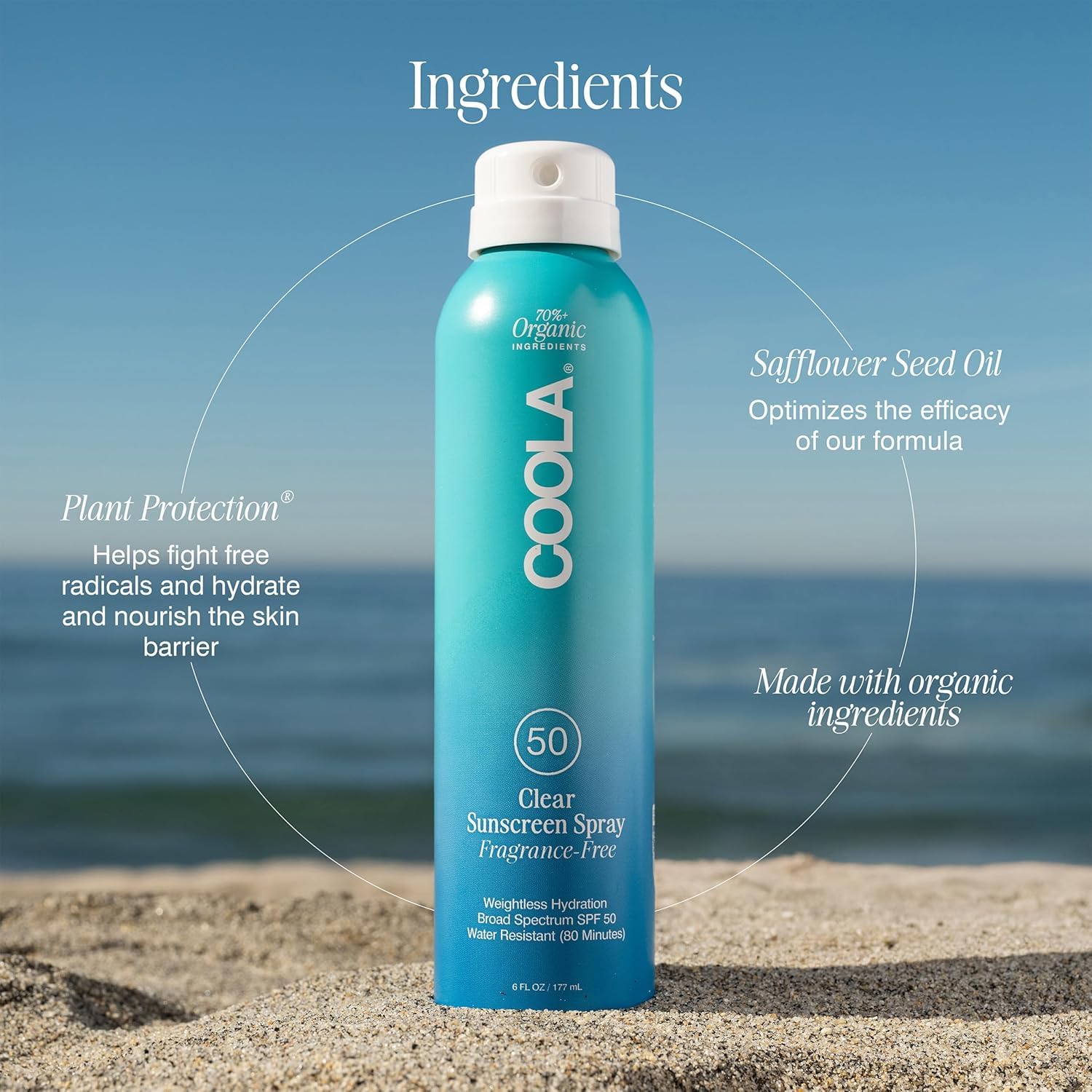 COOLA 6 fl oz bottle next to a common water bottle for size comparison convenience