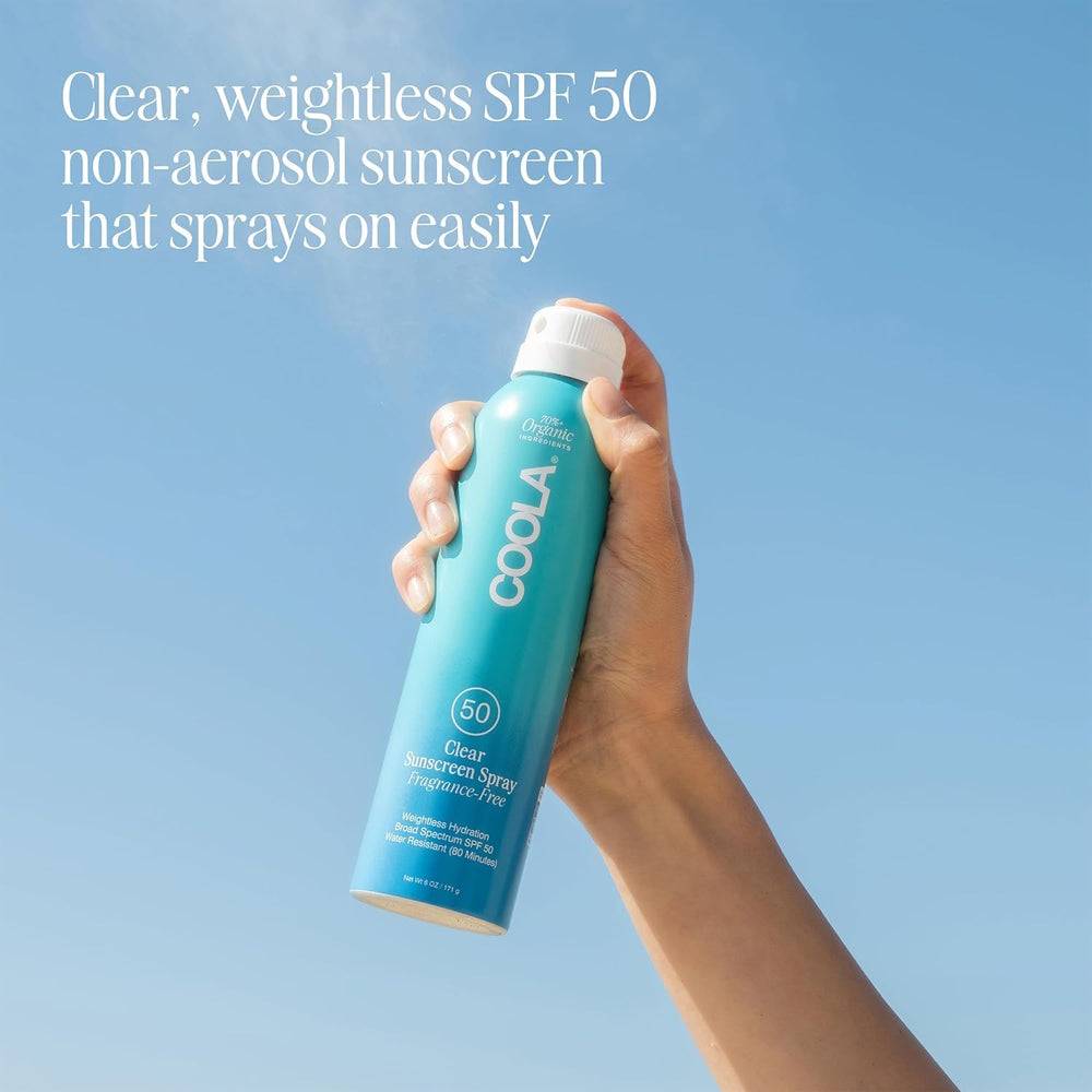 COOLA spray action dispersing clear sunscreen for quick, even sun protection