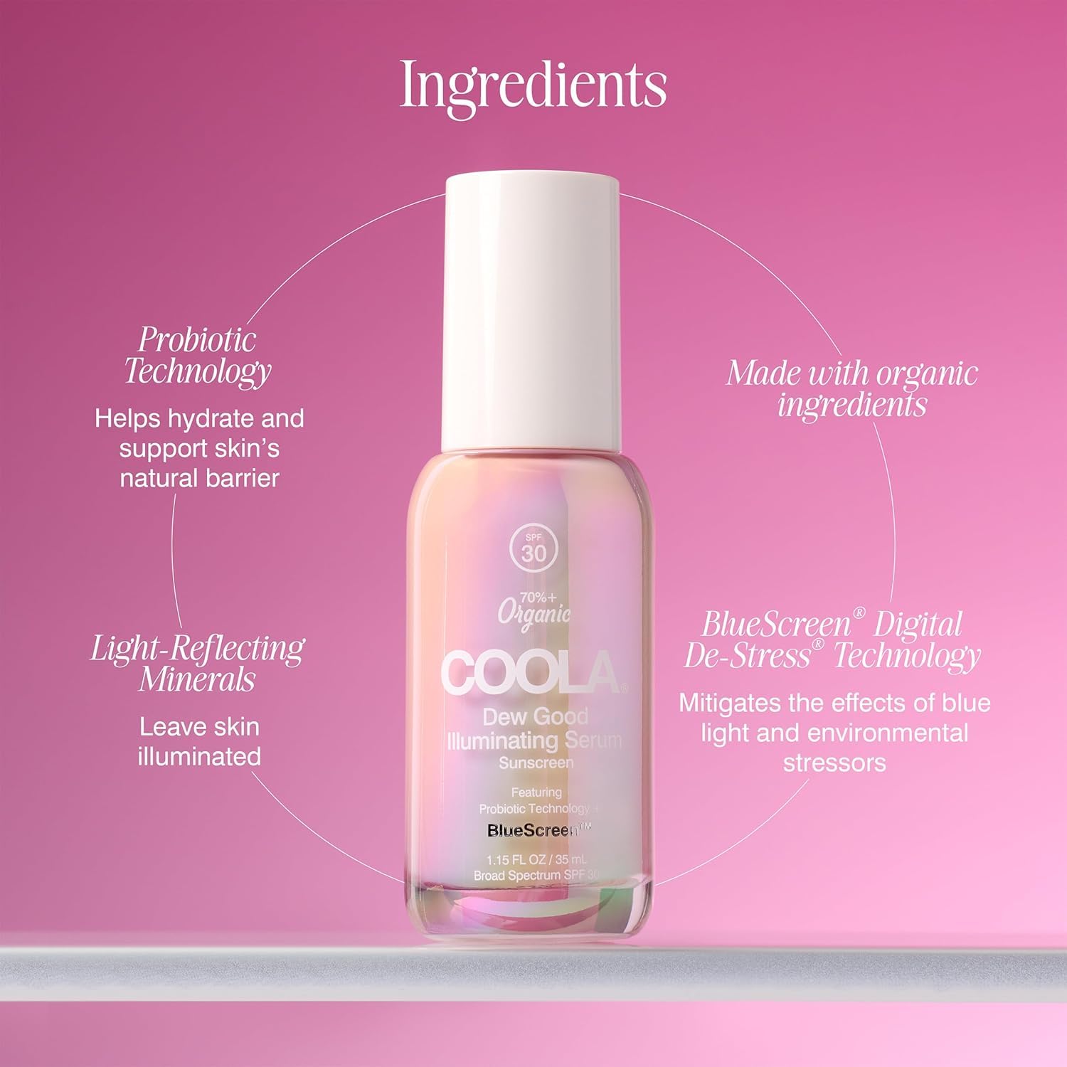 COOLA product label highlighting probiotic and bluescreen technologies
