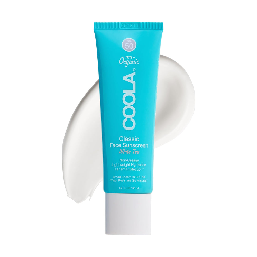 COOLA front packaging showing SPF 50 and white tea scent benefit