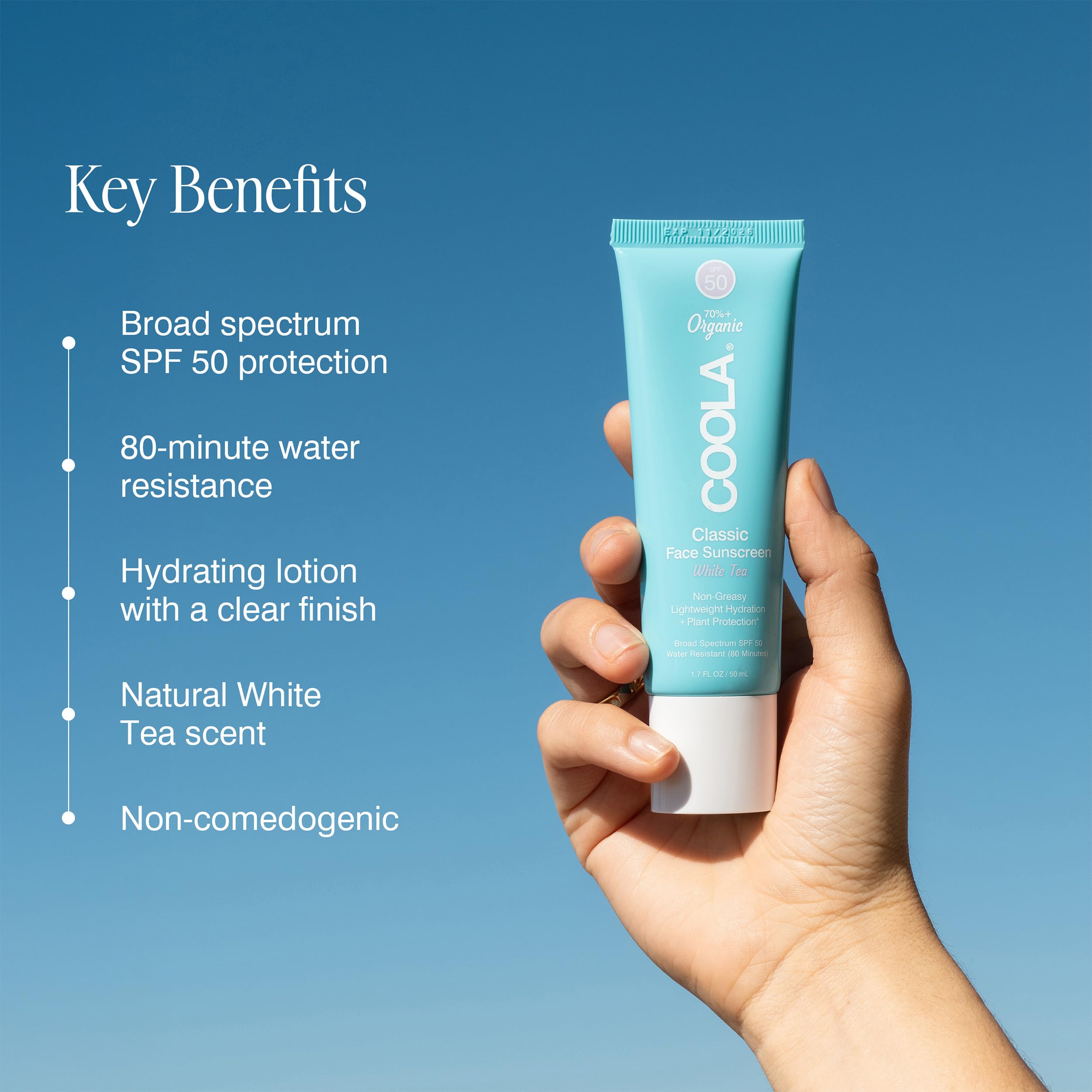COOLA being applied to cheek demonstrating smooth, non-greasy benefit