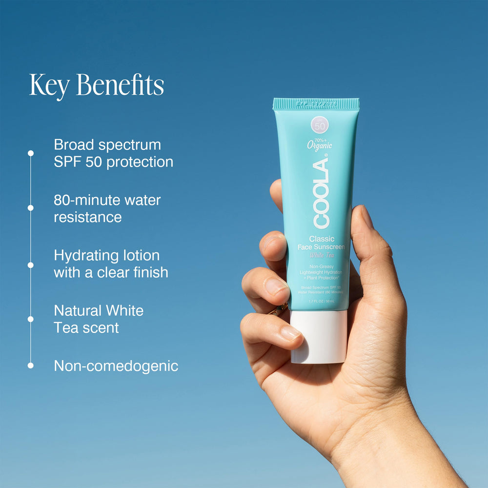 COOLA being applied to cheek demonstrating smooth, non-greasy benefit