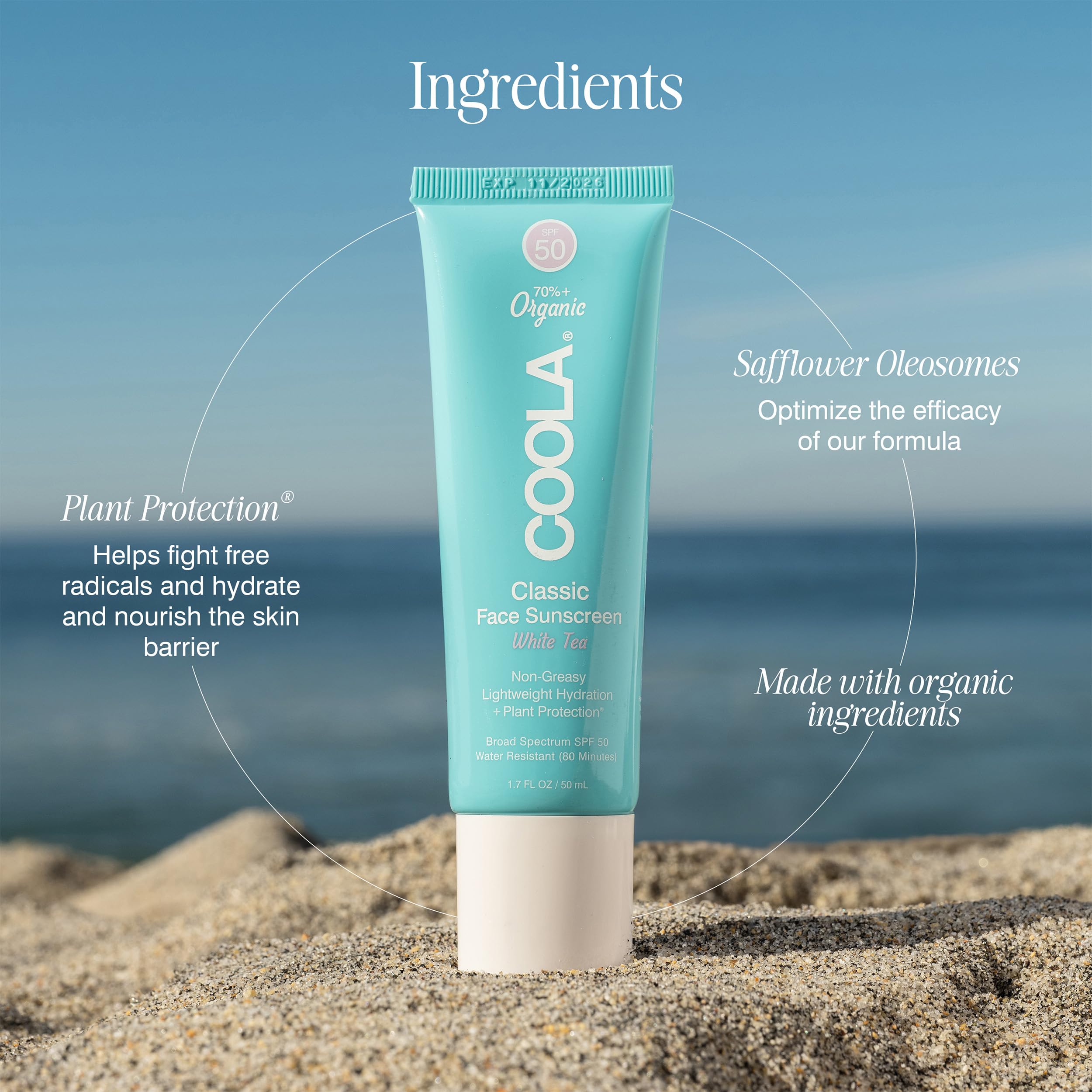 COOLA 1.5 oz next to passport showing compact travel-friendly benefit