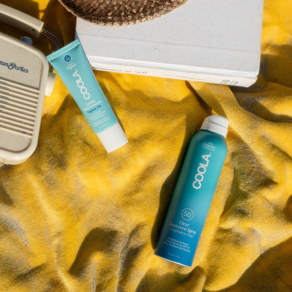 COOLA face sunscreen label closeup highlighting clean ingredients and reef compliance