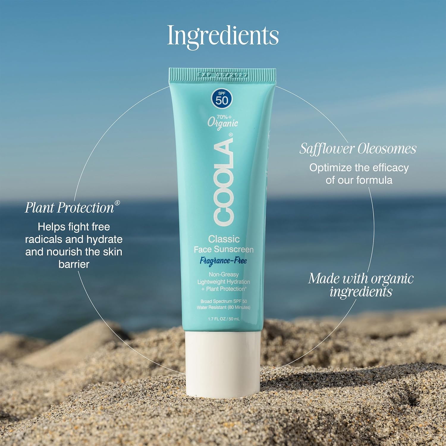 COOLA face sunscreen 1.5 oz held in hand showing travel-ready convenience