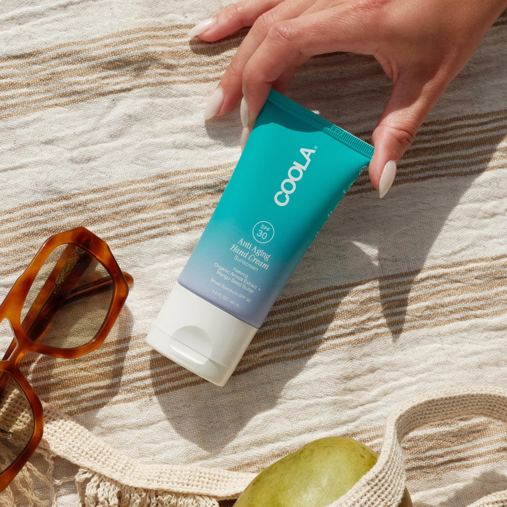 COOLA tube label detail highlighting organic ingredients and SPF