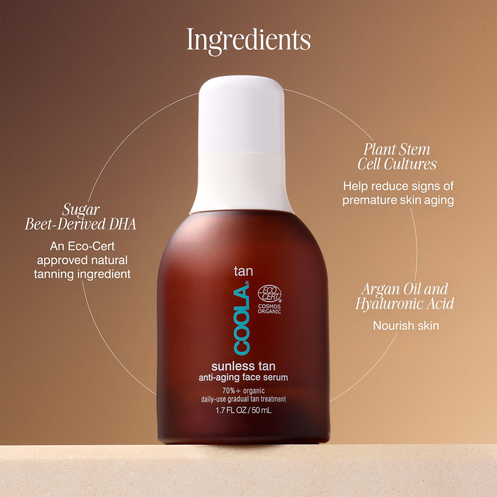 COOLA product on bathroom vanity in lifestyle setting, suggests everyday glow