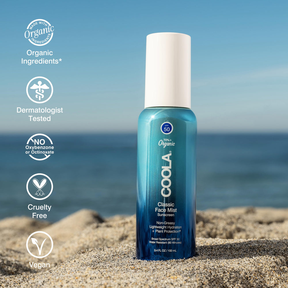 COOLA mist being applied to face for quick reapplication benefit