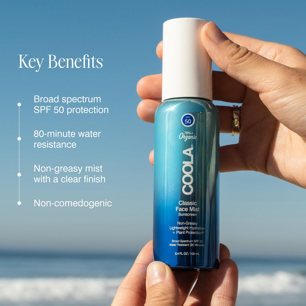 COOLA spray nozzle closeup demonstrating mist delivery for fast application