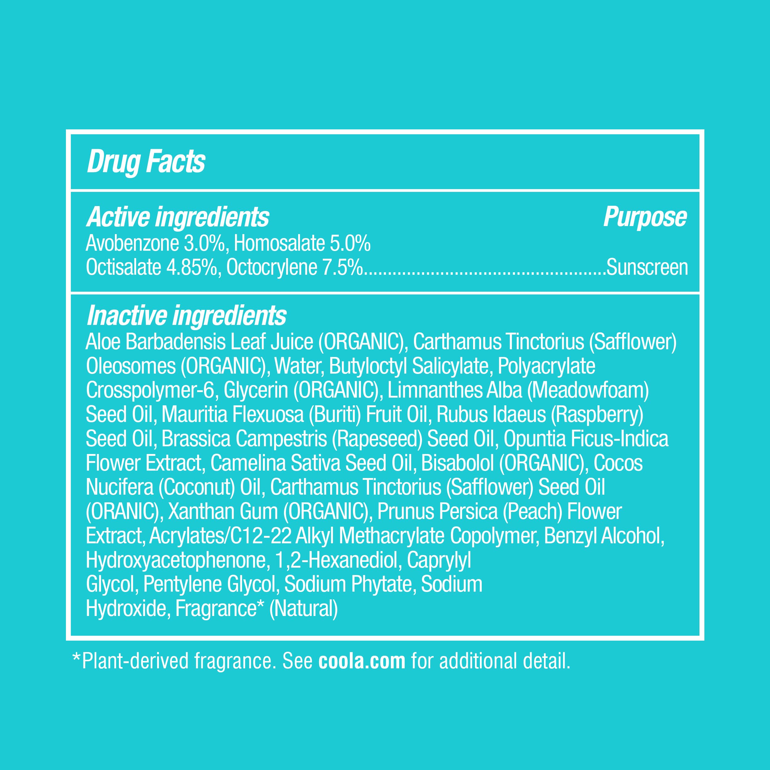 COOLA bottle with peach blossom and botanicals emphasizing organic ingredients