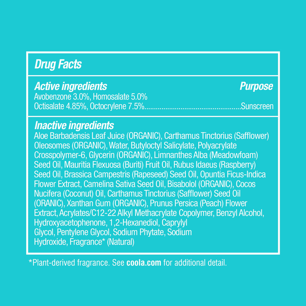 COOLA bottle with peach blossom and botanicals emphasizing organic ingredients