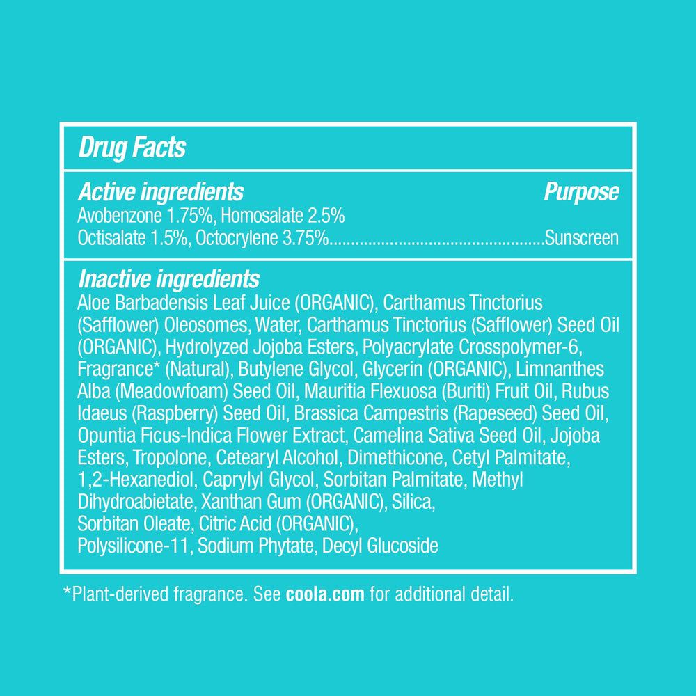 COOLA backside packaging showing directions and reef-friendly certification benefit