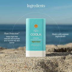 COOLA sunscreen stick applied at beach demonstrating water-resistant protection benefit
